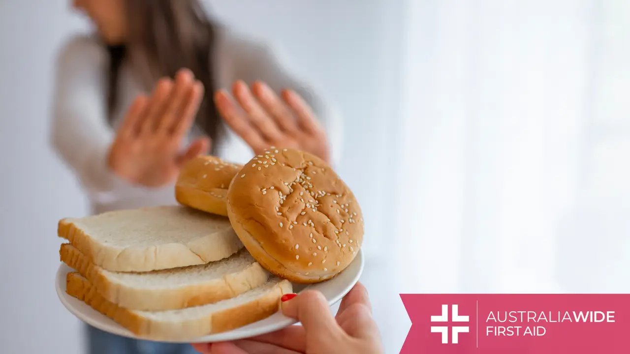 A woman refusing a plate with cookies and hamburger buns